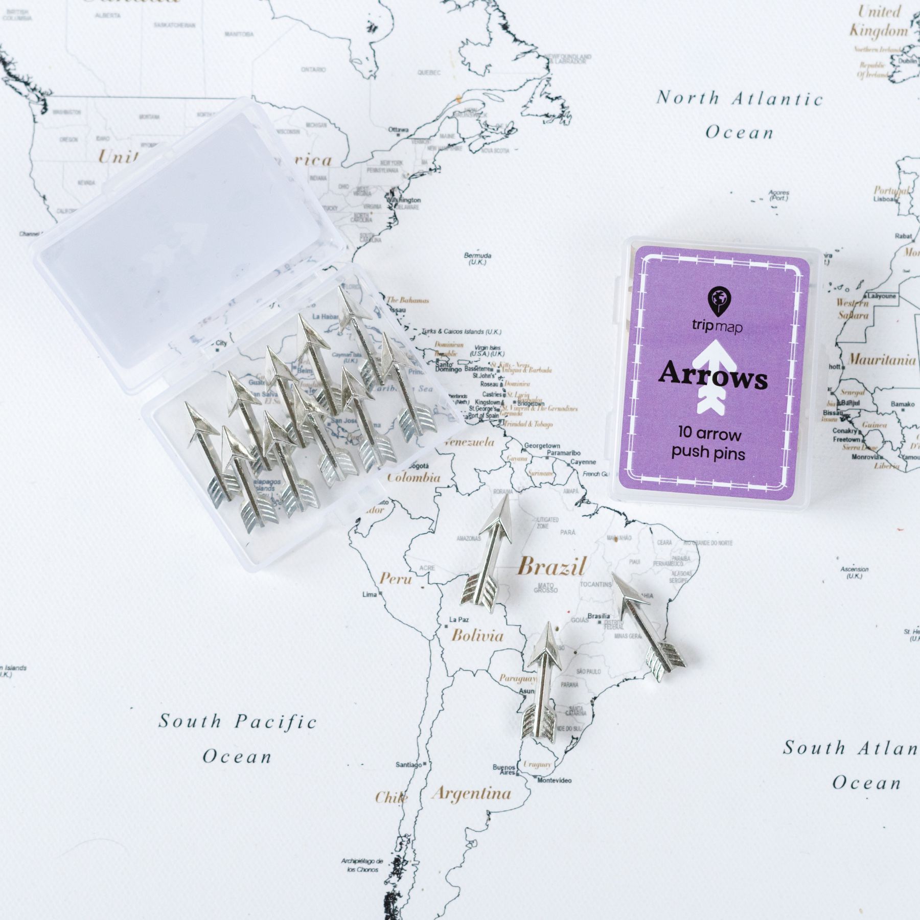 silver Arrow Map Push Pins - Tacks with Stainless Point - Marking Pins