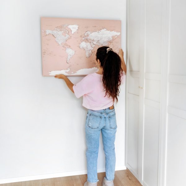 world map home decor on wall dusty pink 32p