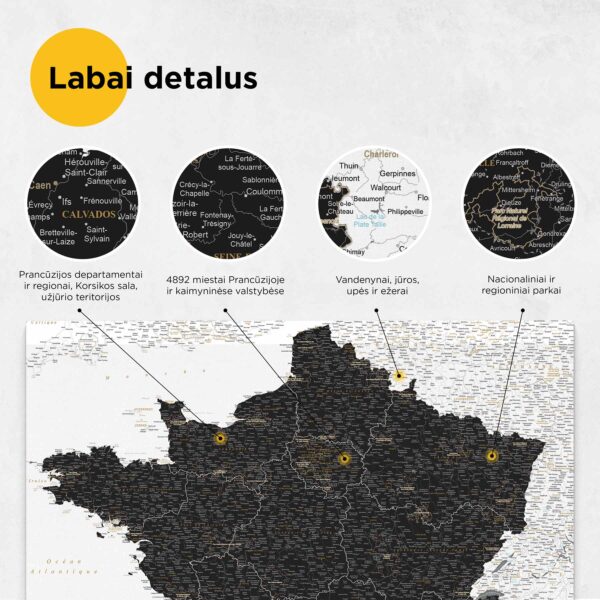 4FR-4FR Prancūzijos žemėlapis su smeigtukais – Juodas baltas detalumas