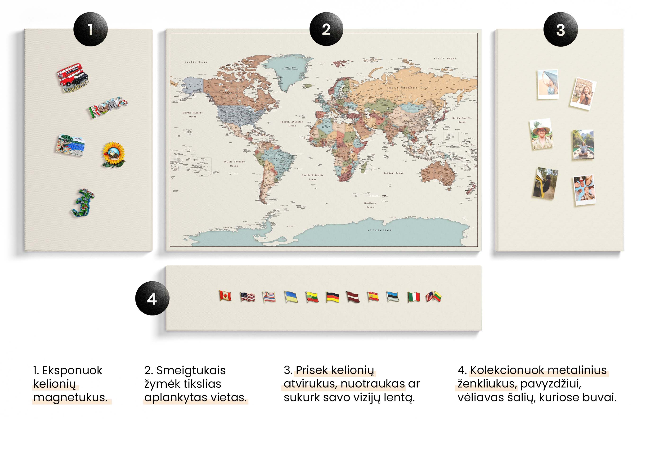 25BOARD zemelapis su smeigtukais ir magnetines lentos tripmap