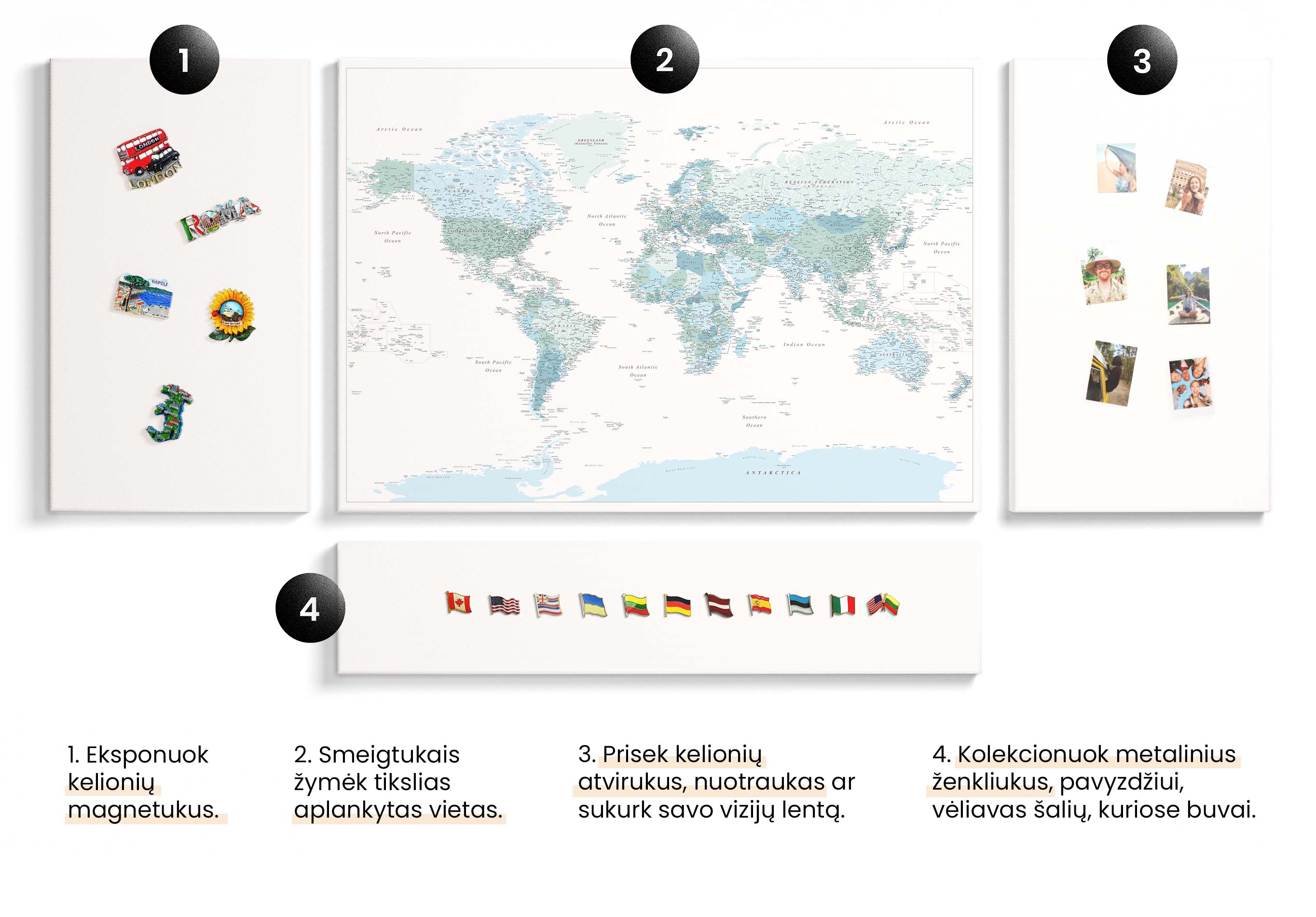 26BOARD kelioniu zemelapis su smeigtukais ir magnetuku lentos tripmap